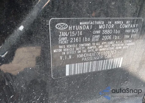 2014 Hyundai Elantra Se (Ulsan Plant) from USA, damaged, VIN KMHDH4AE0EU101787